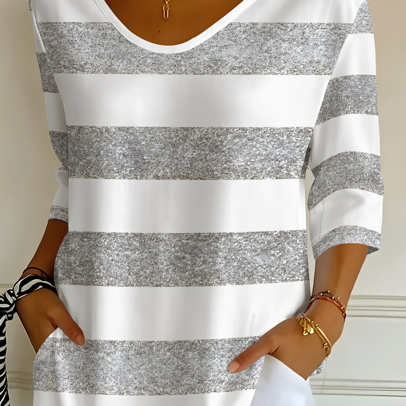 TEMU Women's Silver Gray Glitter Pattern Printed Design - Not Textured/2d Printing V-neck 3/4 Sleeve T-shirt, Spring Autumn Casual Top