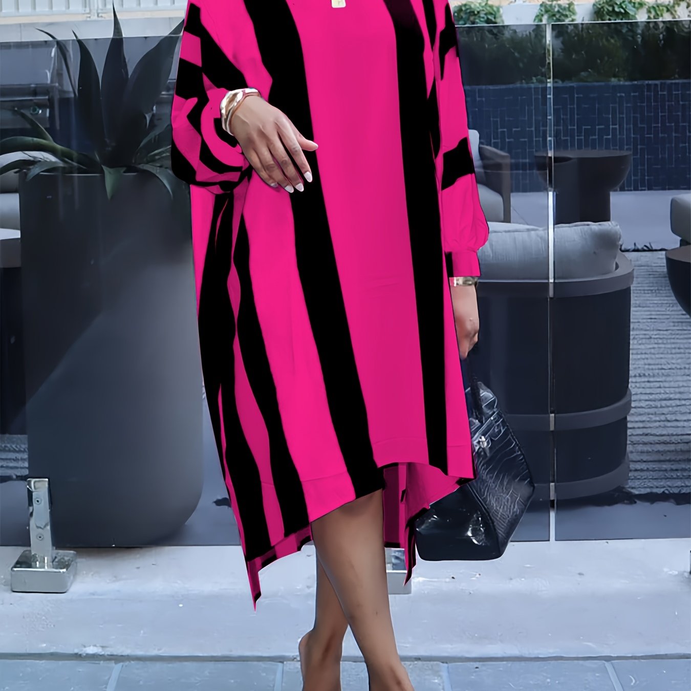 TEMU Plus Size, European And Casual Oversized Vertical Stripe Contrast Color Dress - Spring And Summer