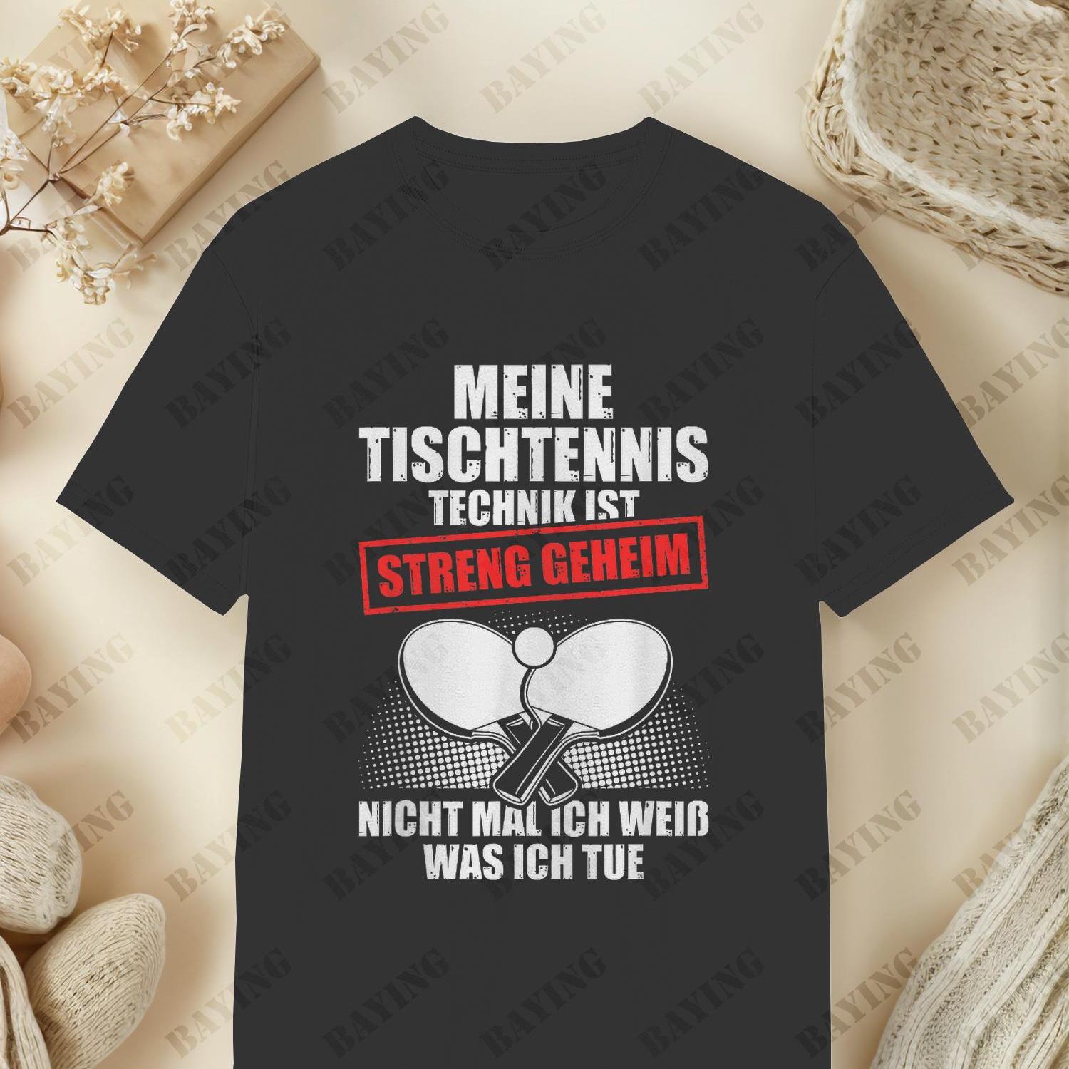 Men' & Women' German Table Tennis T-shirt - " Tennis Technique" Print, Unisex Casual Round Neck Tee, Machine Washable Suitable For Training, Tournaments & Casual Attire, (black)