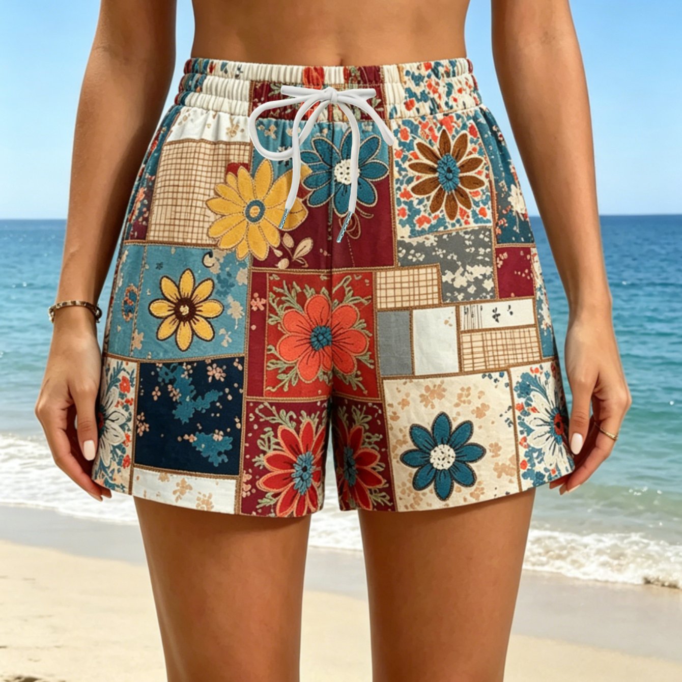 TEMU Women's Beach Shorts, New Women's Floral Printed Beach Style Casual Shorts, Drawstring Women's Bottoms, Women's Summer Clothing, Women's Shorts,