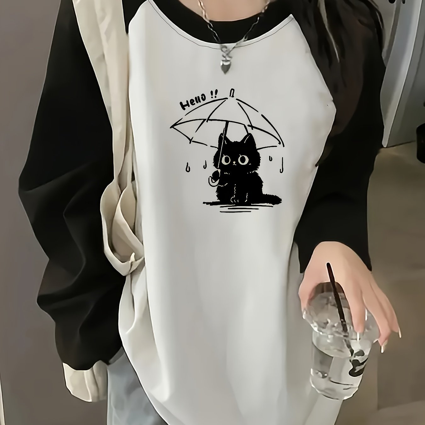TEMU Spring/autumn Fashion Cartoon Cat Print Contrast Off-shoulder Women's Long Sleeve T-shirt Trendy Loose Casual Versatile Style Ladies For Spring