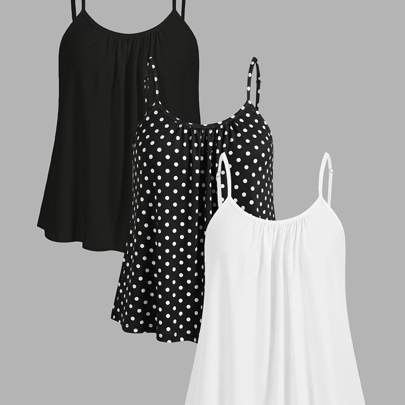 TEMU 3er-Pack Damen Plissee Polka Dot Trägerweste, lockere Passform mit verstellbaren Schultergurten, geeignet für Frühlings- und Sommerkleidung,