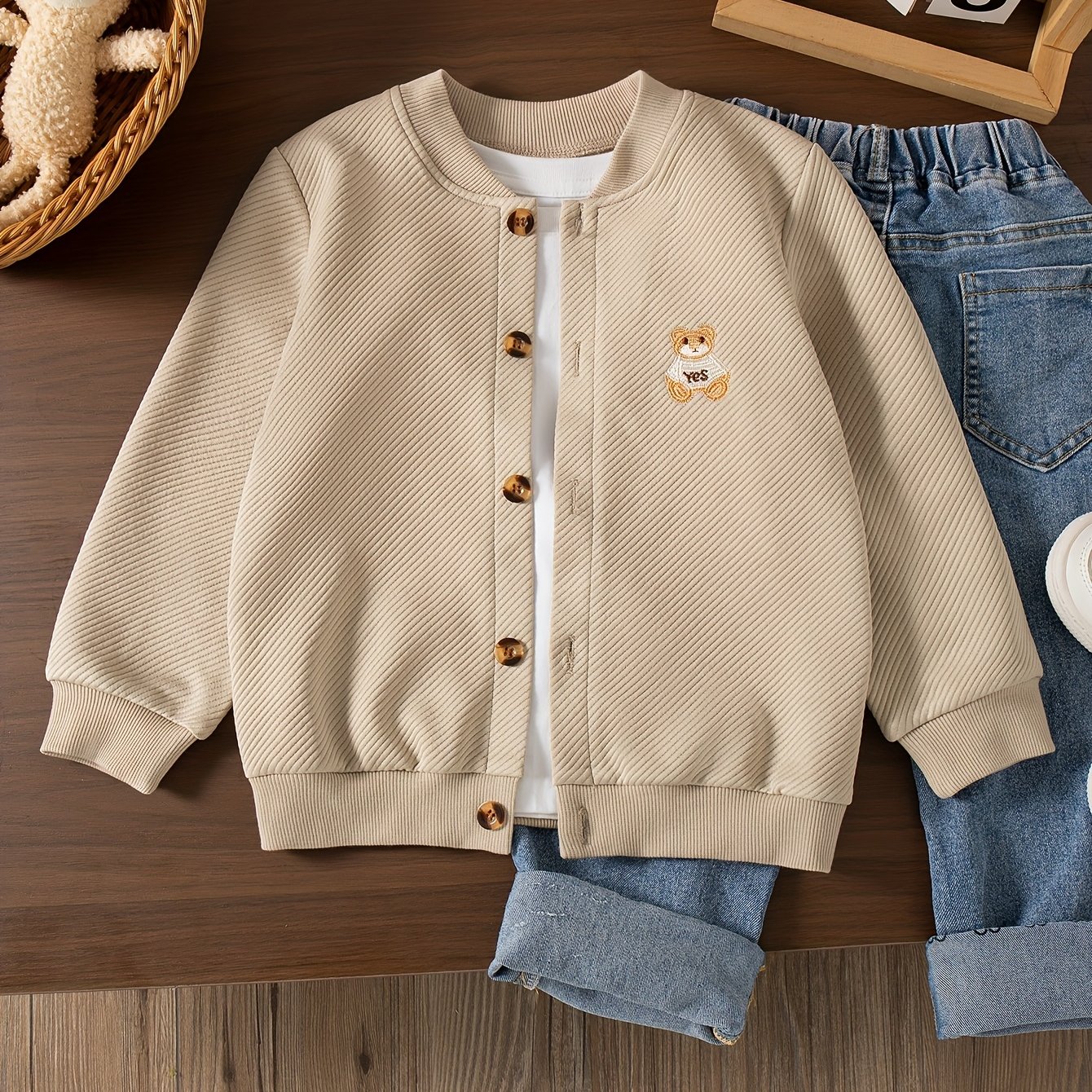 Boys' Casual Outing Fashion Solid Color Cartoon Embroidery Regular Fit Long Sleeve Jacket For Spring And Autumn