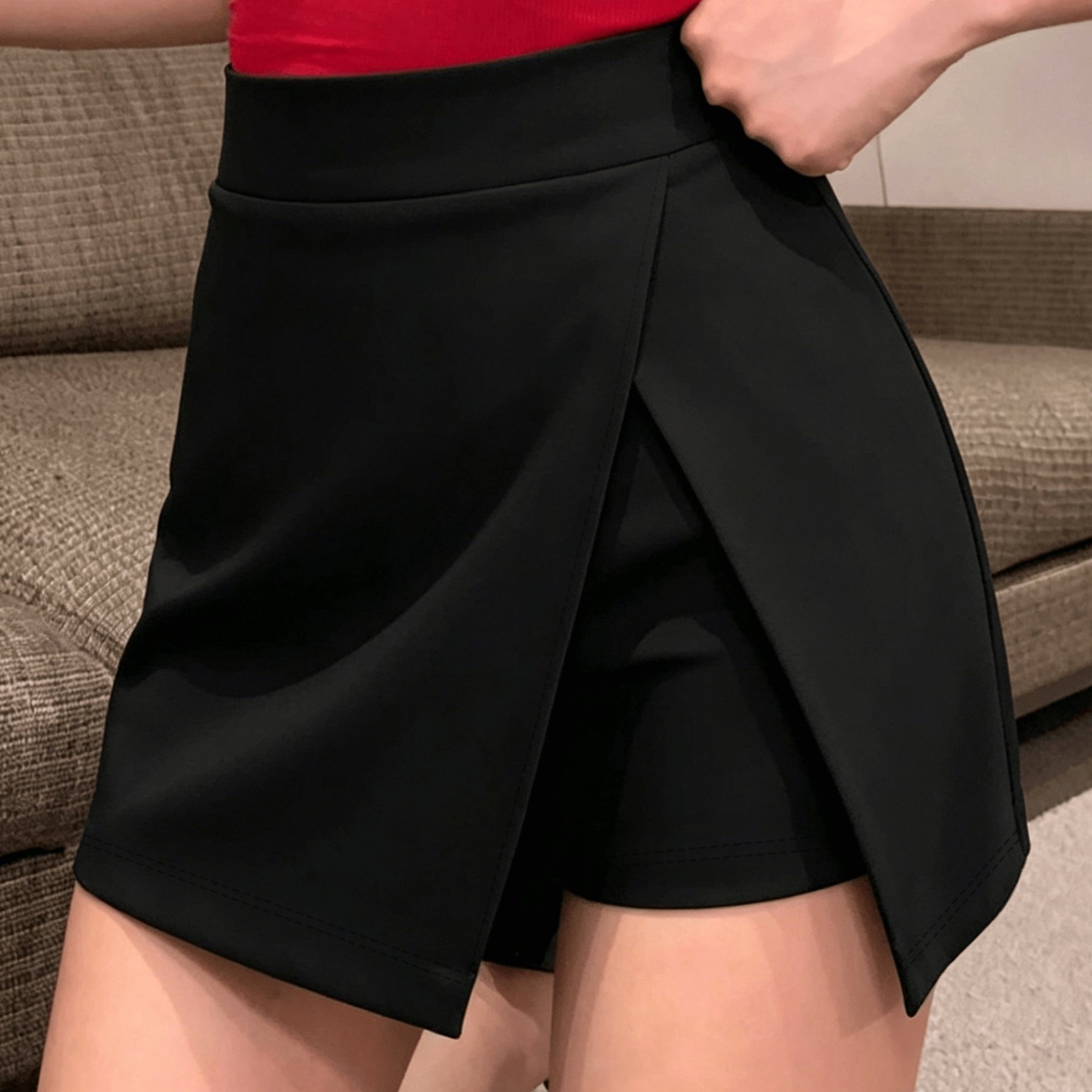 TEMU Jupe-legging mini fendue à taille haute, jupe de fitness et de course -, fente latérale coupe trapèze look 2-en-1, à dans , respirante, non