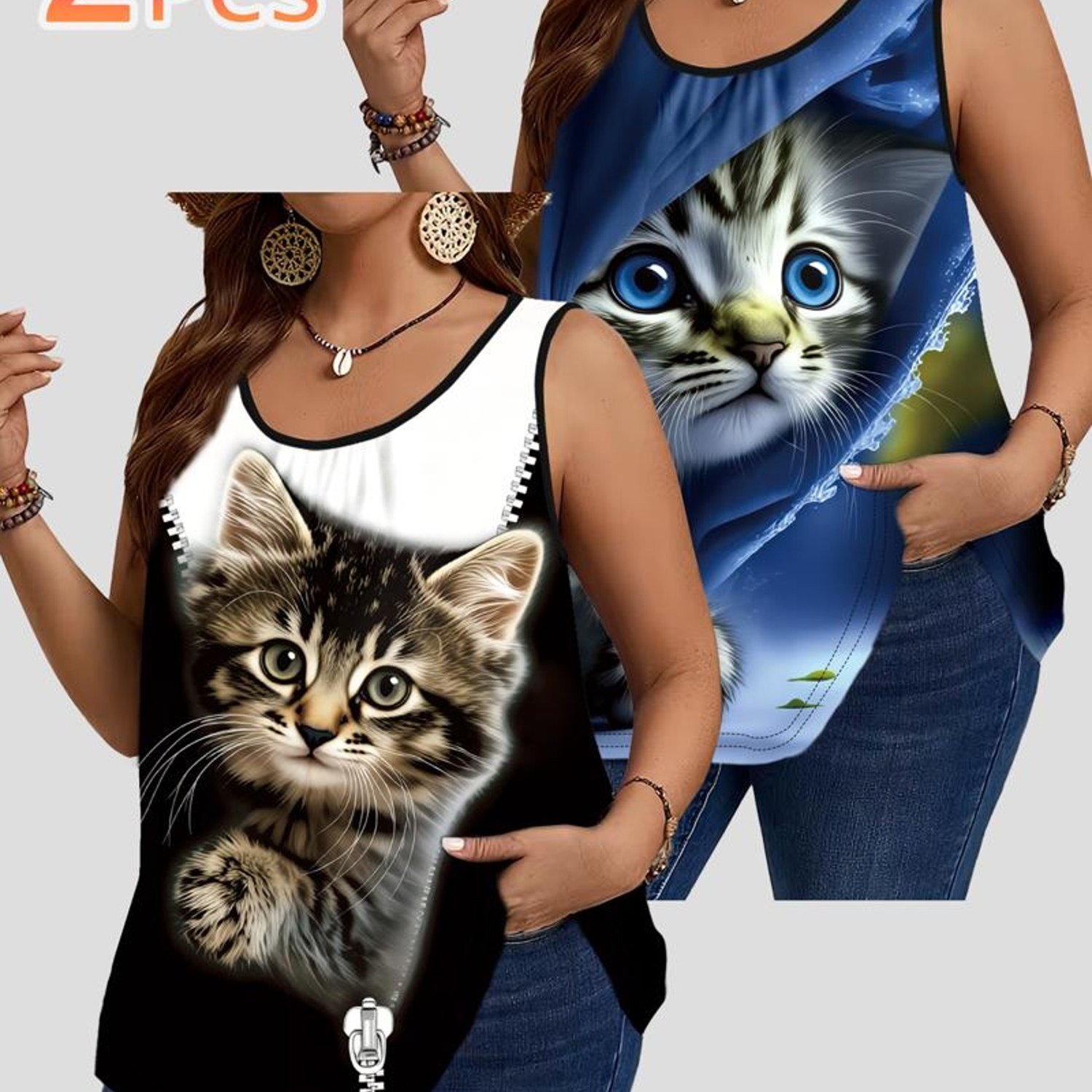 TEMU Plus Size - 2pcs Plus Size Tank Tops, Cat Print Mixed Color Sleeveless, Casual Wear, Multiple Sizes , Fashion Women's Vest Set