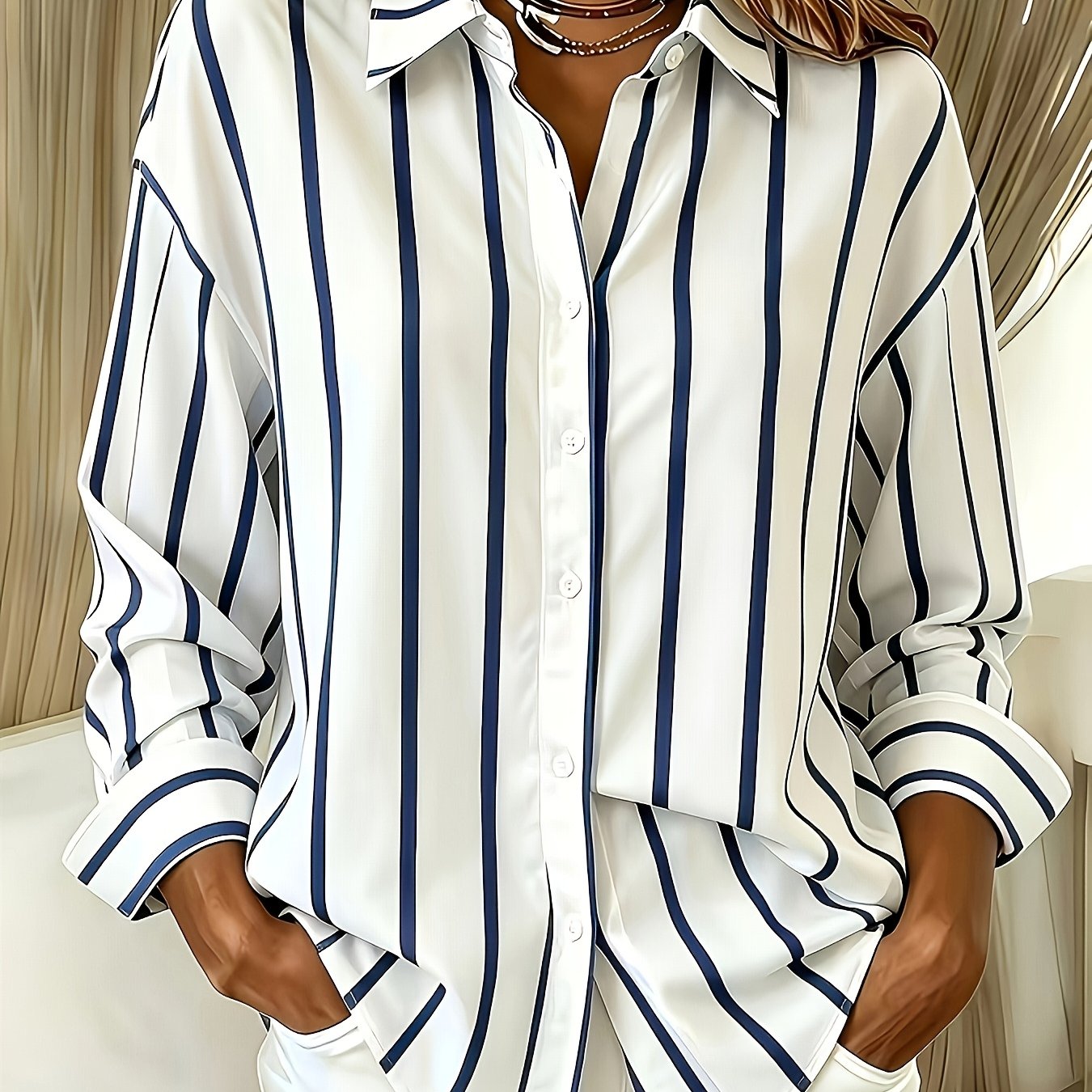 TEMU Women's Casual Striped Lapel Button-up Shirt, Loose Long-sleeve Top