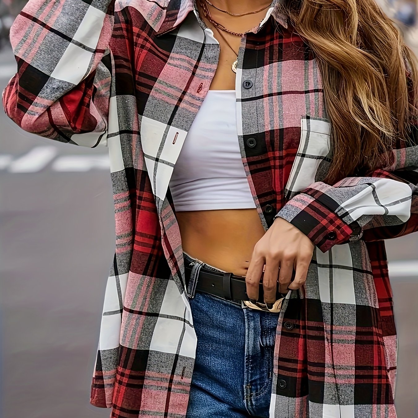 TEMU Women's Elegant Button- Shirt With Collar - Loose Fit Long Sleeve Button Front , Double-color Grid Blouse For All- Wear, Casual & Professional