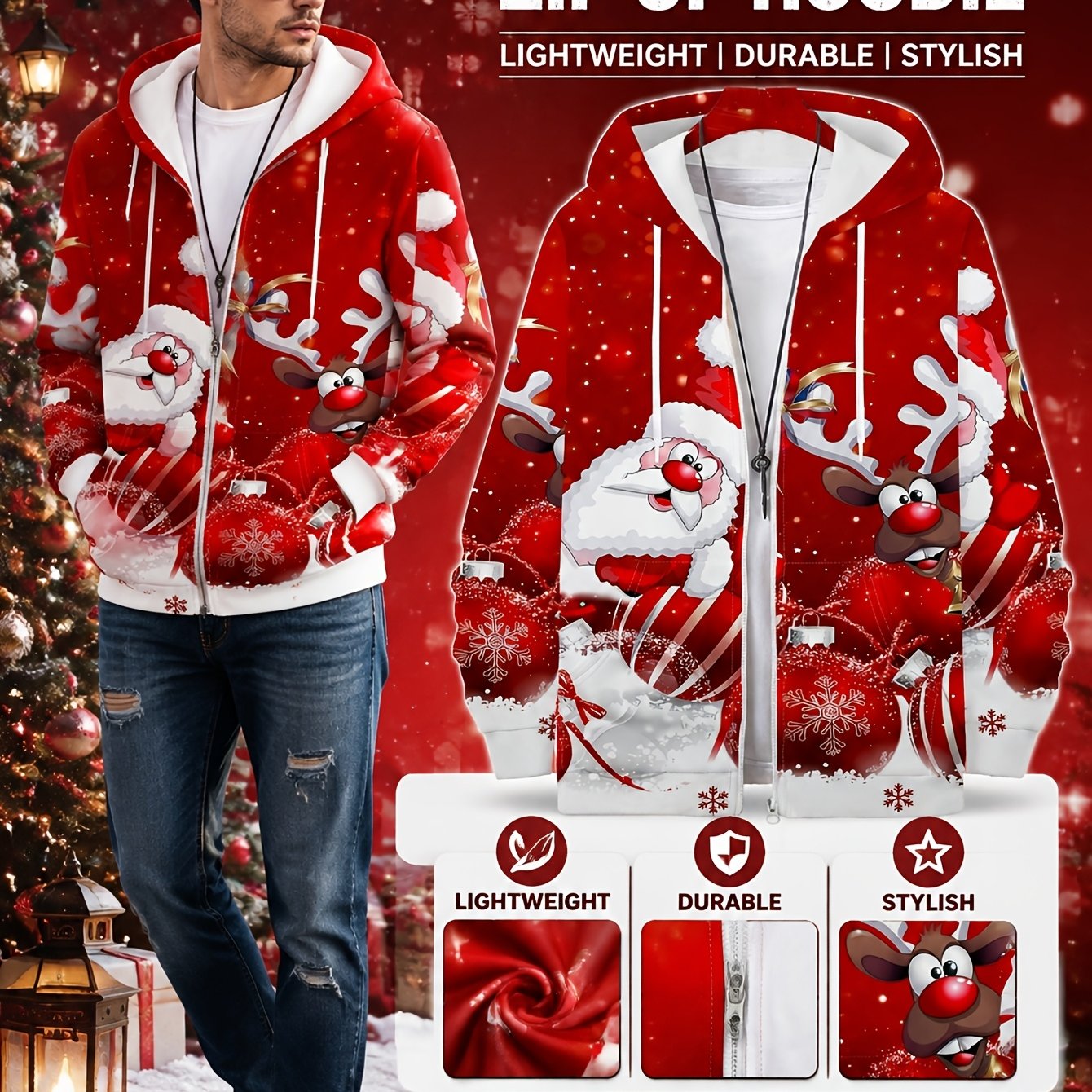 TEMU Men's Christmas Themed Zip-up Hooded Sweatshirt, Stylish And Warm, Full Of Festive Atmosphere, Trendy And Individual, Comfortable And -friendly,