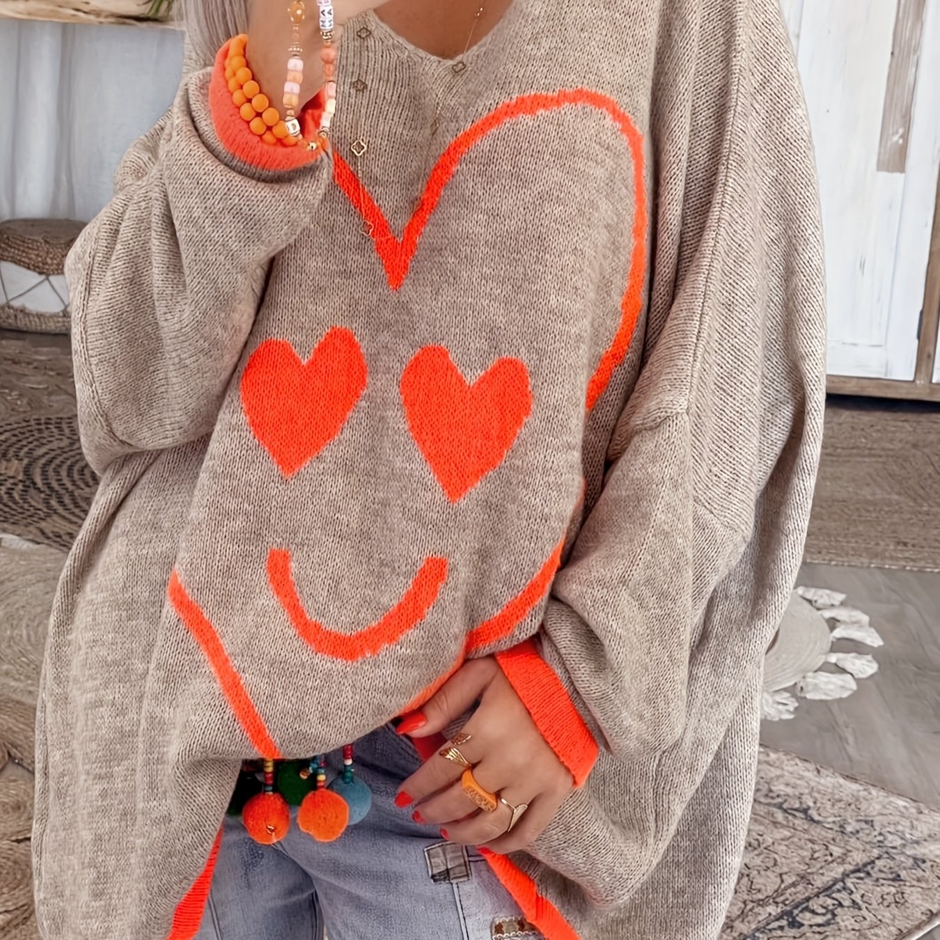 Image of Plus Size - Plus Size - Plus Size Women's Elegant V-neck Ribbed Sweater - Spring Summer Fall Pullover, Casual To Formal Attire, Women's Fashion Clothing, Style, Comfortable Fabric
