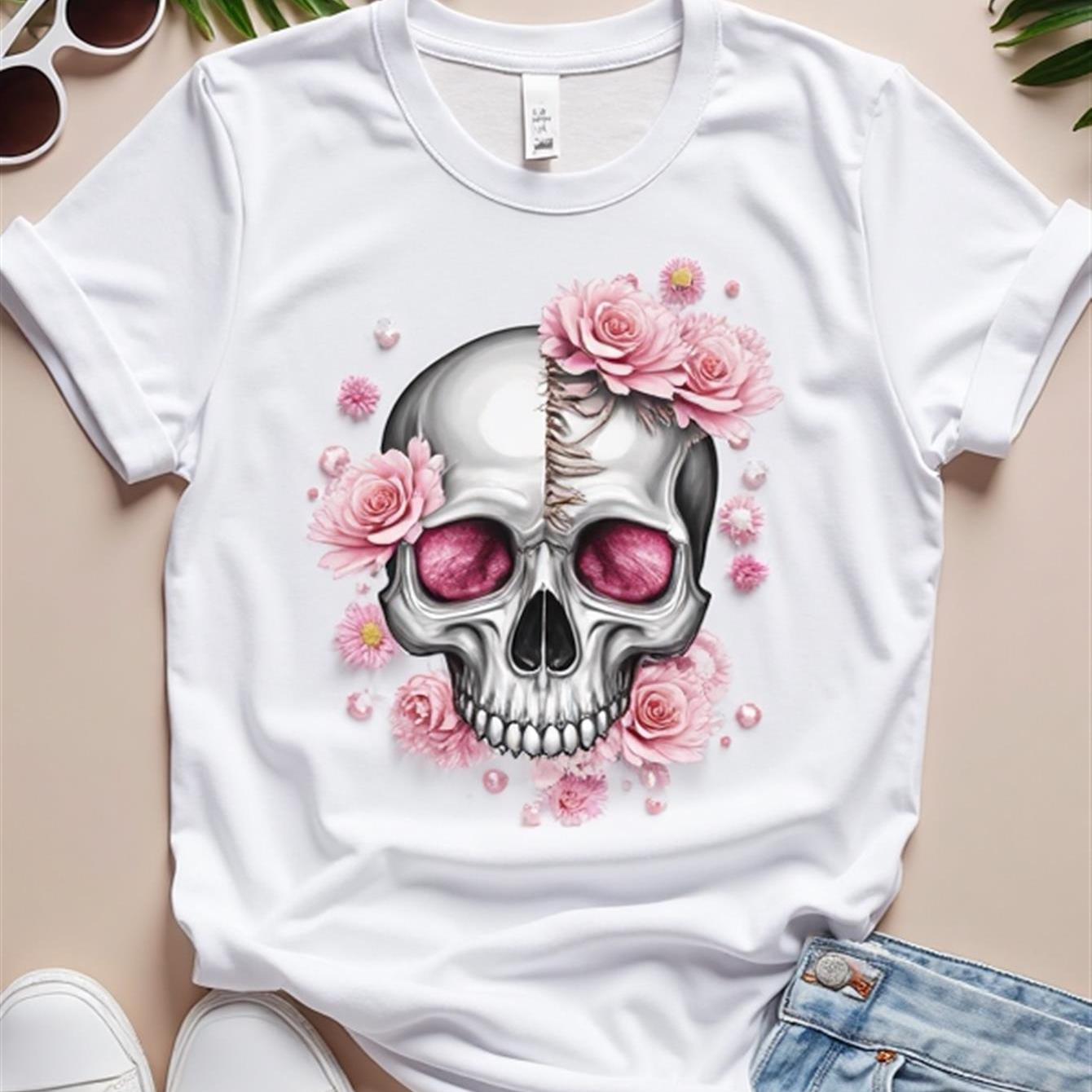 Image of A T Shirt Designed With Pink Rose Skull Theme Women's T Shirt High Quality Pure T Shirt Summer Casual Daily Wear Gift For
