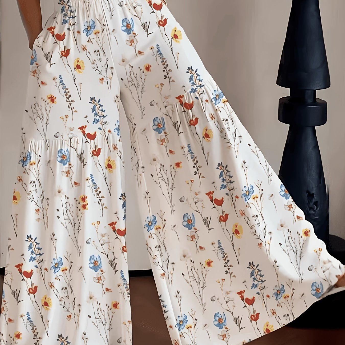 TEMU Women's Fashion Floral Pants, High-waisted Loose Lightweight Wide-leg Flowy Versatile Straight Long Pants