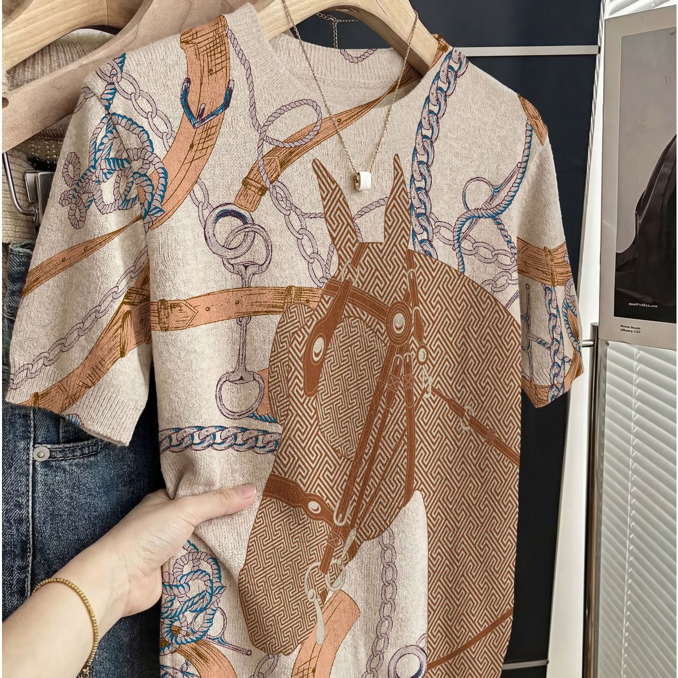 TEMU Women's Thin Short-sleeved Summer Printed Sweater Summer Round Neck Pullover Shirt Elegant Style Wear [size Error 2-3cm] [the Actual Object Is
