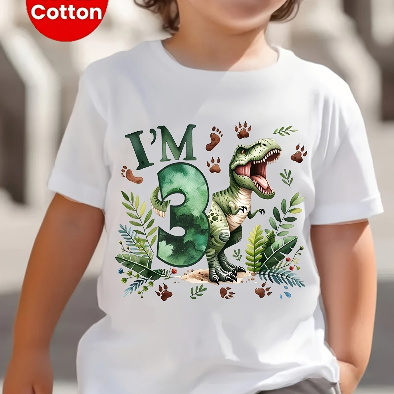 Image of I'm 3 Dinosaur Cute Cartoon New Style Letter Print Children's Crew Neck Short Sleeve T-shirt Casual Cute Boys' Pullover