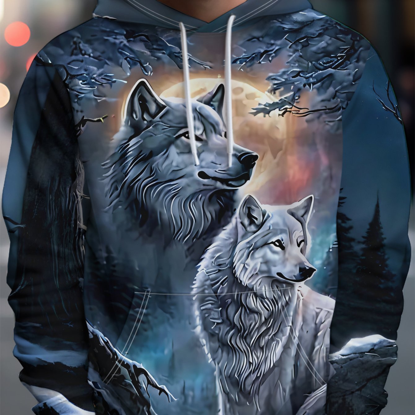 TEMU Men's Hooded Sweatshirt With Moonlight Wolf Print, Casual Sport Jacket With Drawstring, Polyester Fabric, Suitable For Daily Outdoor Casual Wear