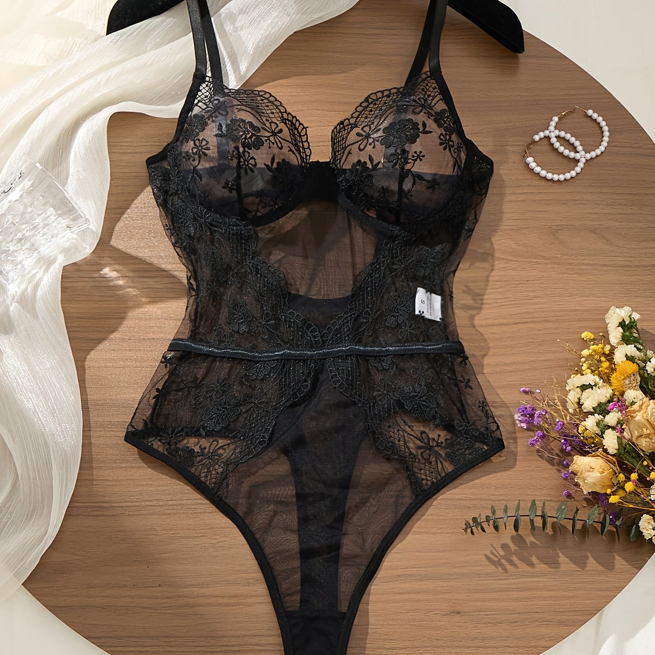 TEMU Spring/summer European And American Romantic Black Embroidered Bodysuit, Deep V Push-up Backless Design With Sheer Mesh, Sexy Lingerie Bodysuit,