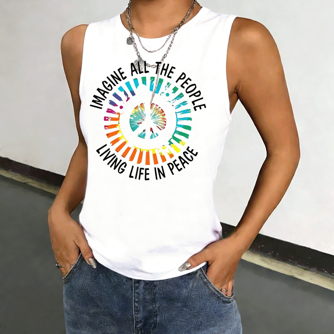 TEMU Women's Peace Sign Slogan & Pljp Graphic Print Sleeveless Top - Medium-stretch Crew Neck Tank Shirt, Spring Summer Casual Blouse For Beachwear &