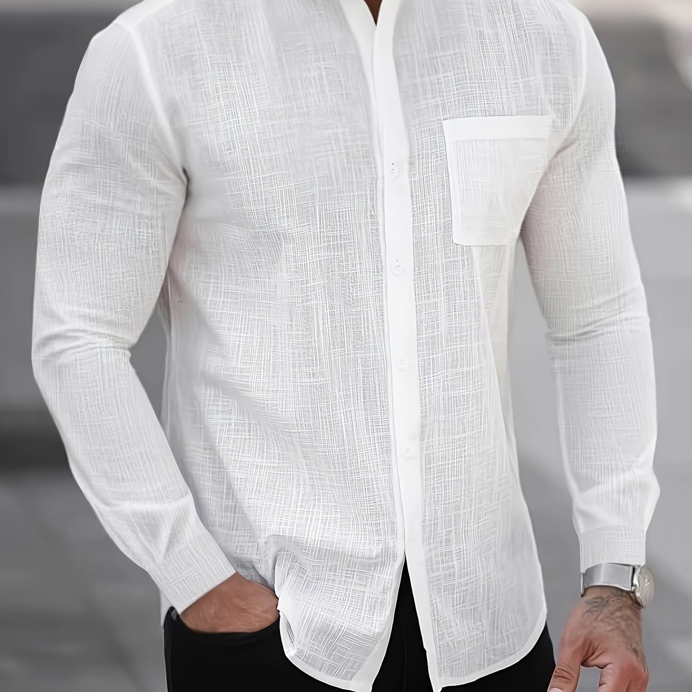 Image of Men's Pure Long Sleeve Shirt - Summer Casual Stand Collar Lightweight Breathable Solid Color With Chest Pocket, Suitable For Office And Daily Wear, Comfortable , Convenient Care Fabric, Soft Texture