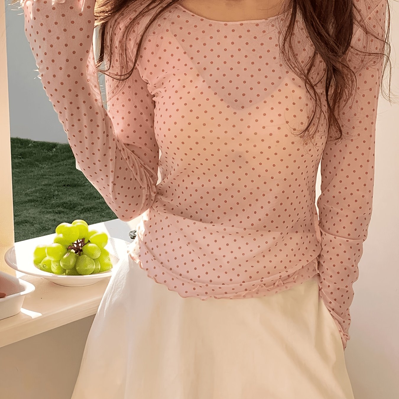 TEMU 여성 봄 여름 가을 산뜻한 여학생 휴가 해변 물방울 무늬 시스루 메쉬 라운드넥 러플 긴팔 상의