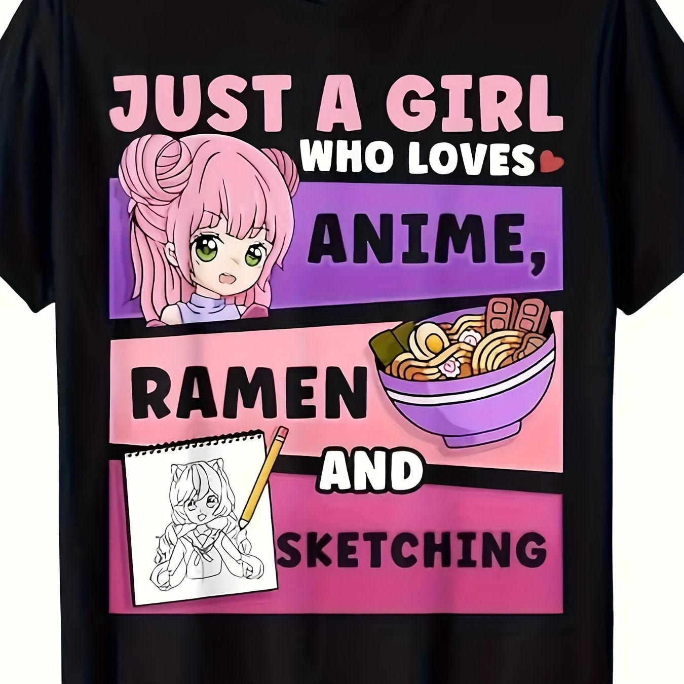 TEMU T-shirt graphique pour homme " Who Anime, Ramen, And Sketching" | Noir vif avec motif rose et violet, manches courtes décontractées, col rond,