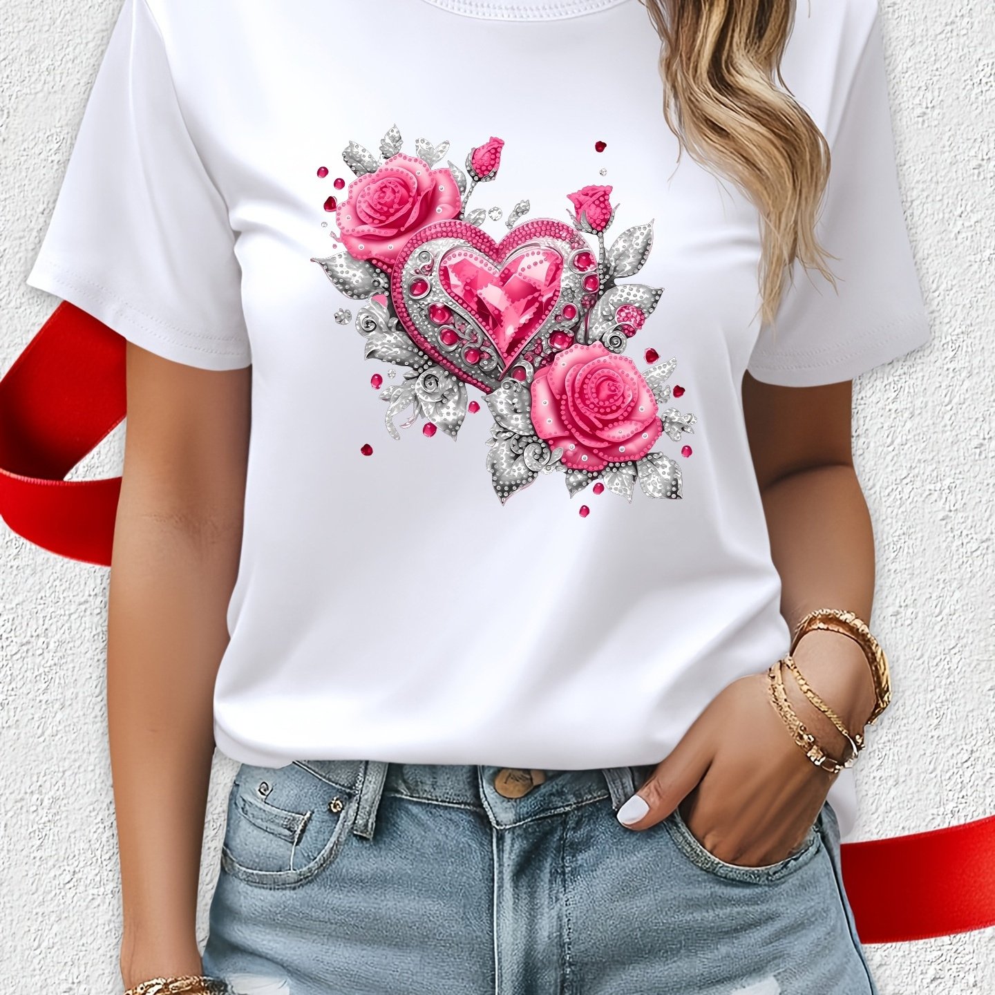 Image of Plus Size - 3388# Elegant Women's T-shirt Short Sleeve, Fashionable , Summer Essential, Travel, Date, Gift, Vacation, Beach Heart-shaped Pink Rose