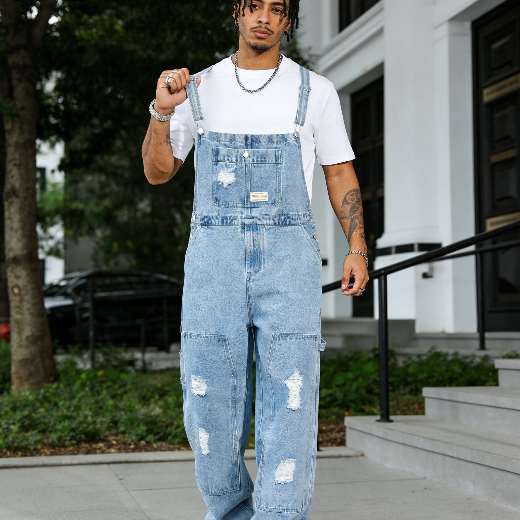 [hme]four-season Men's Denim Overalls, Simple , Three-dimensional Tailoring Loose Straight Leg, Multi- With Ripped Workwear Style, Button Decoration, Street Fashion Trendy Outfit