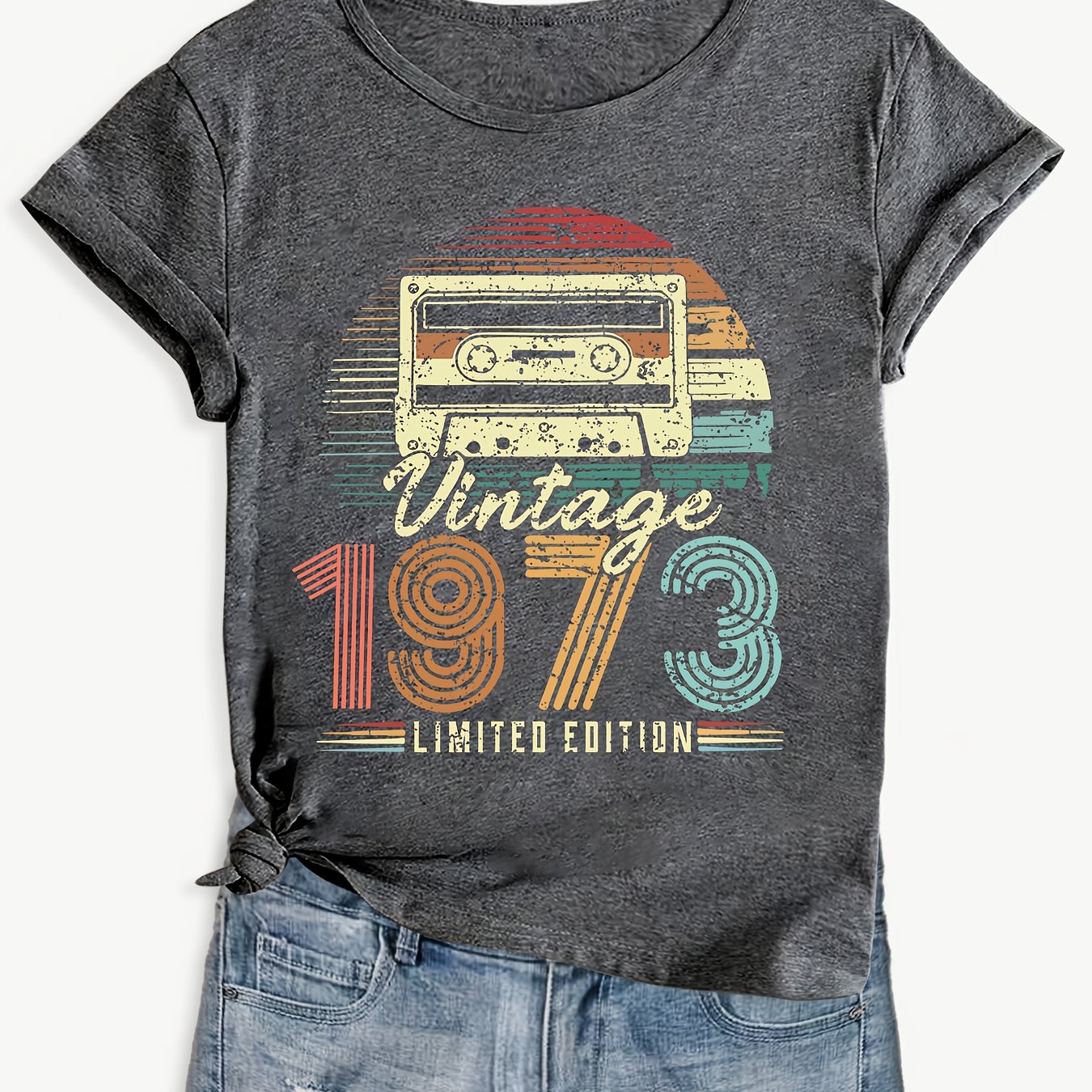 TEMU Camiseta de cuello con diseño de líneas coloridas y estilo casual de de 1973