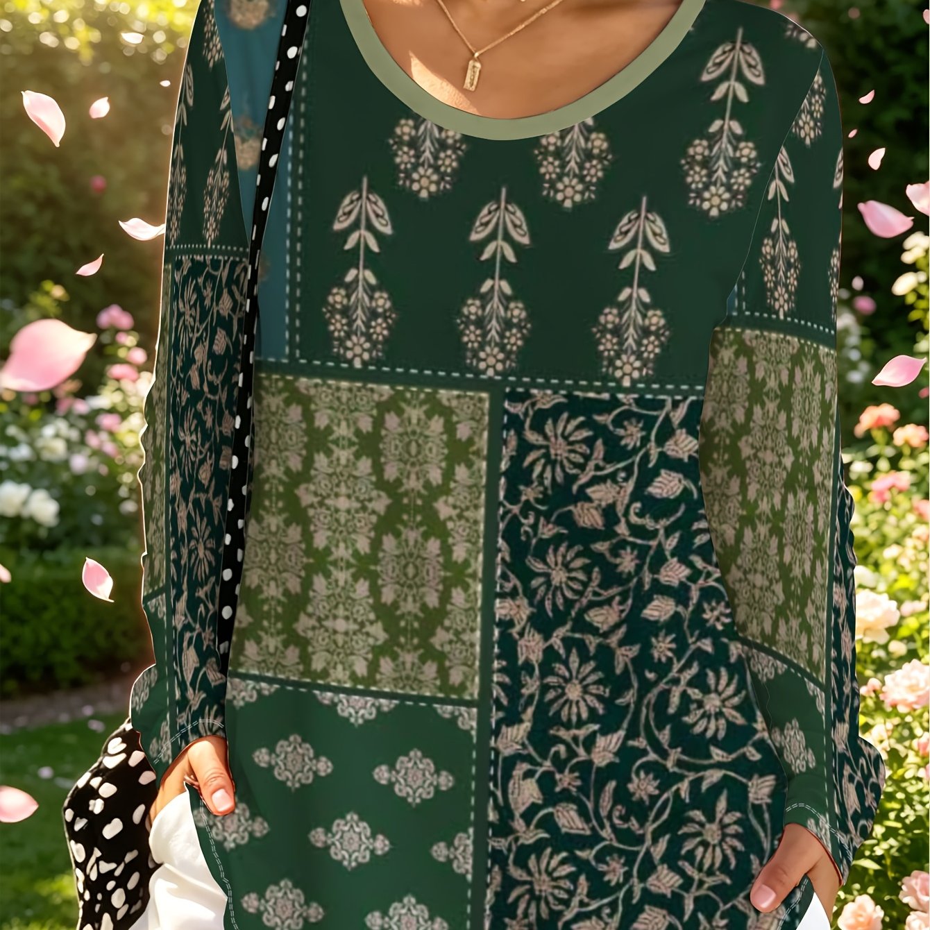 TEMU Plus Size - Green Printed Long Sleeve Top, Women's Loose Casual Round Neck Sweater, Spring Summer Shirt