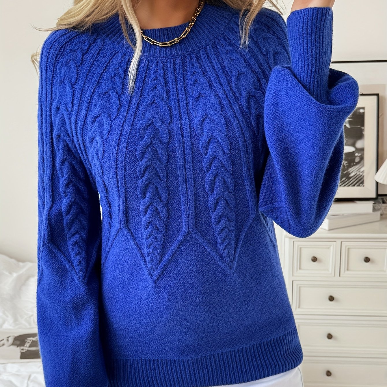 TEMU Nzzof Women's Stretch Sweater Sweater - High Elasticity Round Neck Lantern Sleeve Pullover, Solid Color Winter Sweater Suitable For Fall/winter,