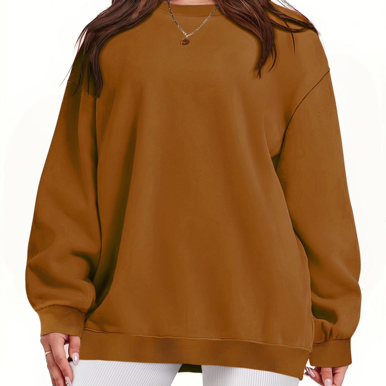 TEMU Pull grande taille, style tendance européen et américain, à manches longues, marron, col ras du cou, vêtement de printemps/été, mode , couleur