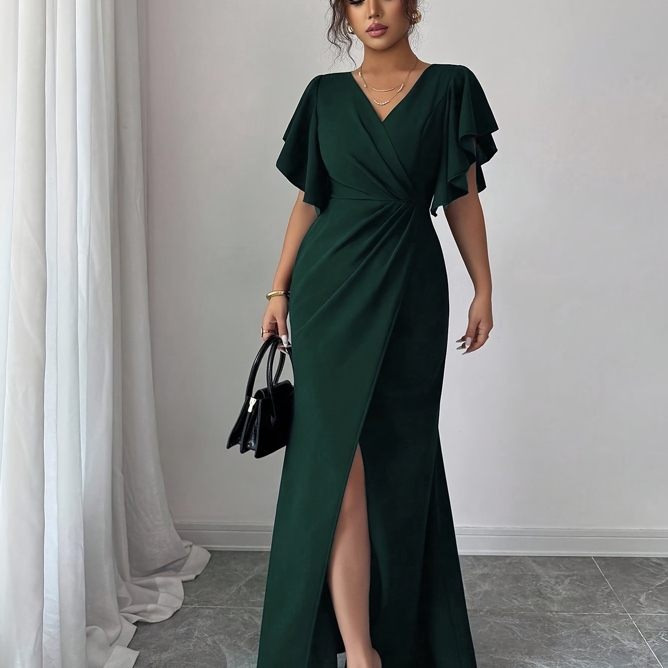 E-shop Damen Neues Temperament Elegantes Einfarbiges Rüschenärmel V-Ausschnitt Taillen Gerafftes Schlitz Fischschwanz Partykleid