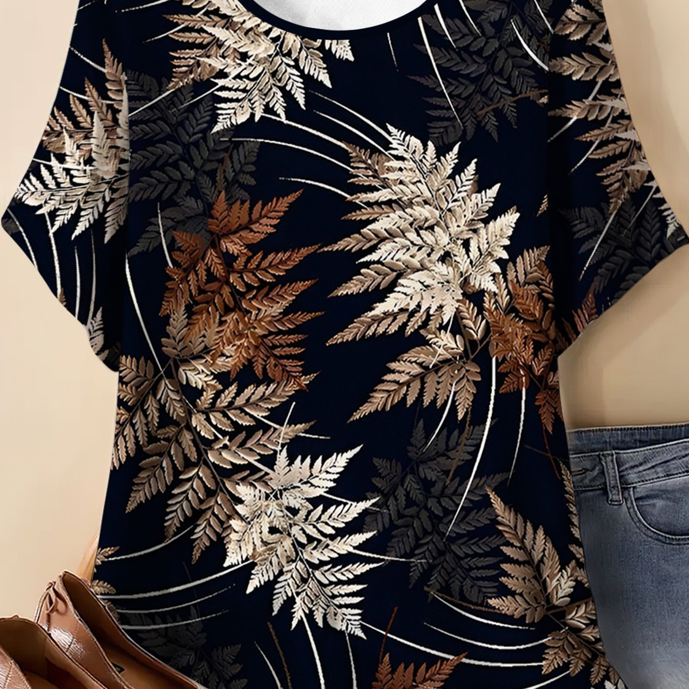 TEMU Women' Plus-size Oversized T-shirt - Full-body Print Short Sleeve Round Neck Blouse Suitable For Casual & Athletic Wear, Style Loose , Machine