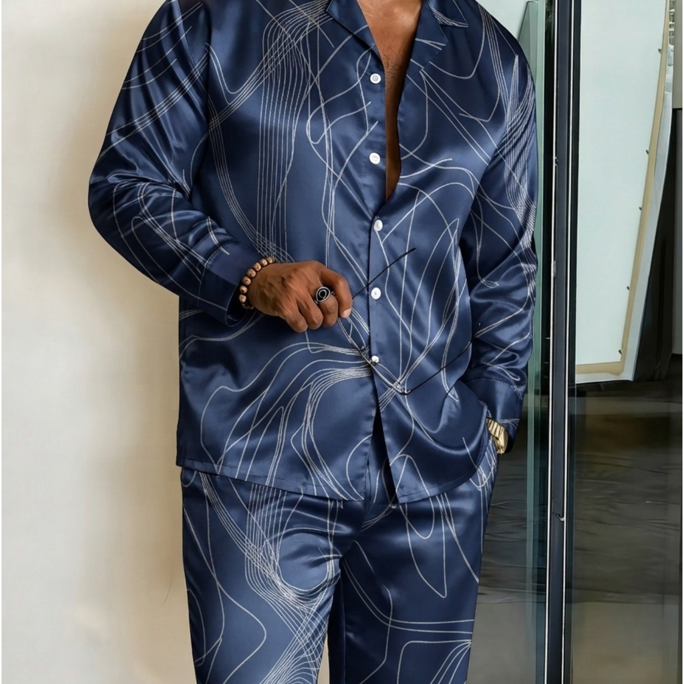 Image of 2pcsmen's Navy Blue Abstract Pattern Long Sleeve Pajama Set For Spring Summer Daily Wear, Lightweight Comfortable Lounge Sleepwear Ideal For Home, Living Room, Strolling Or Fishing