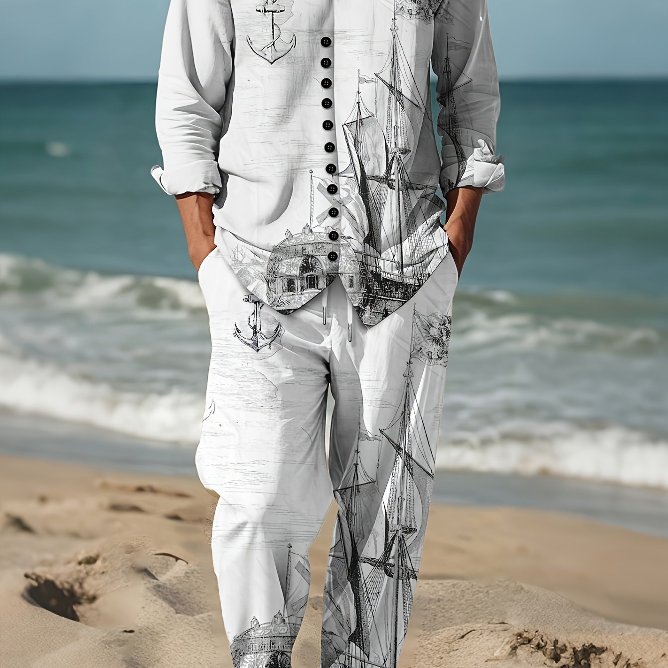 Image of Men's Fashion Printed Suit, Casual Ancient Sailboat Sketch Print Pattern, Textured Texture, Casual Party, Evening Daily Festival, Home, Stand Collar Leisure Suit