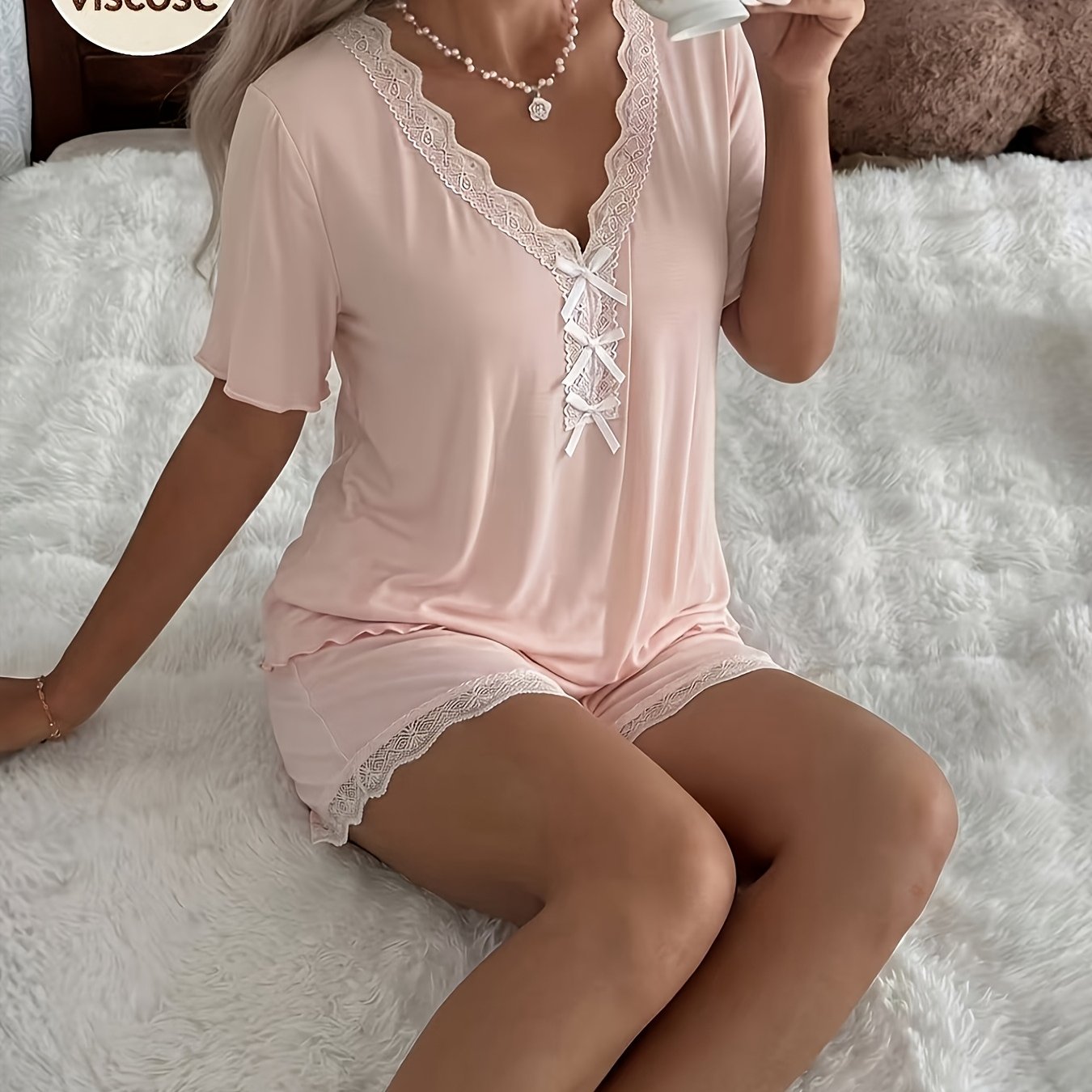 Women's Modal Lace V-neck Short Sleeve Shorts Bow Elastic Pajama Set