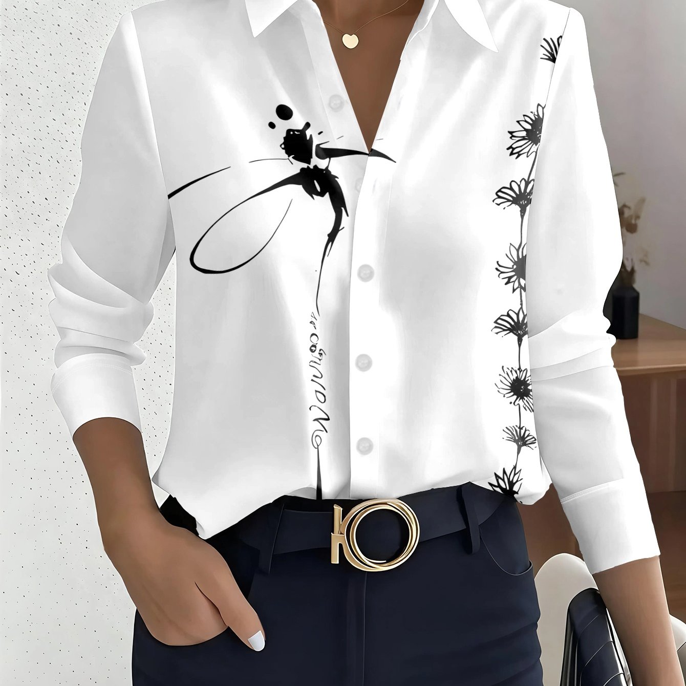 TEMU Printed Design - Non-textured Women's Collared Long Sleeve Shirt, Floral , Easy Temperament Commuter Top, Sharp Office Daily Atmosphere Women's