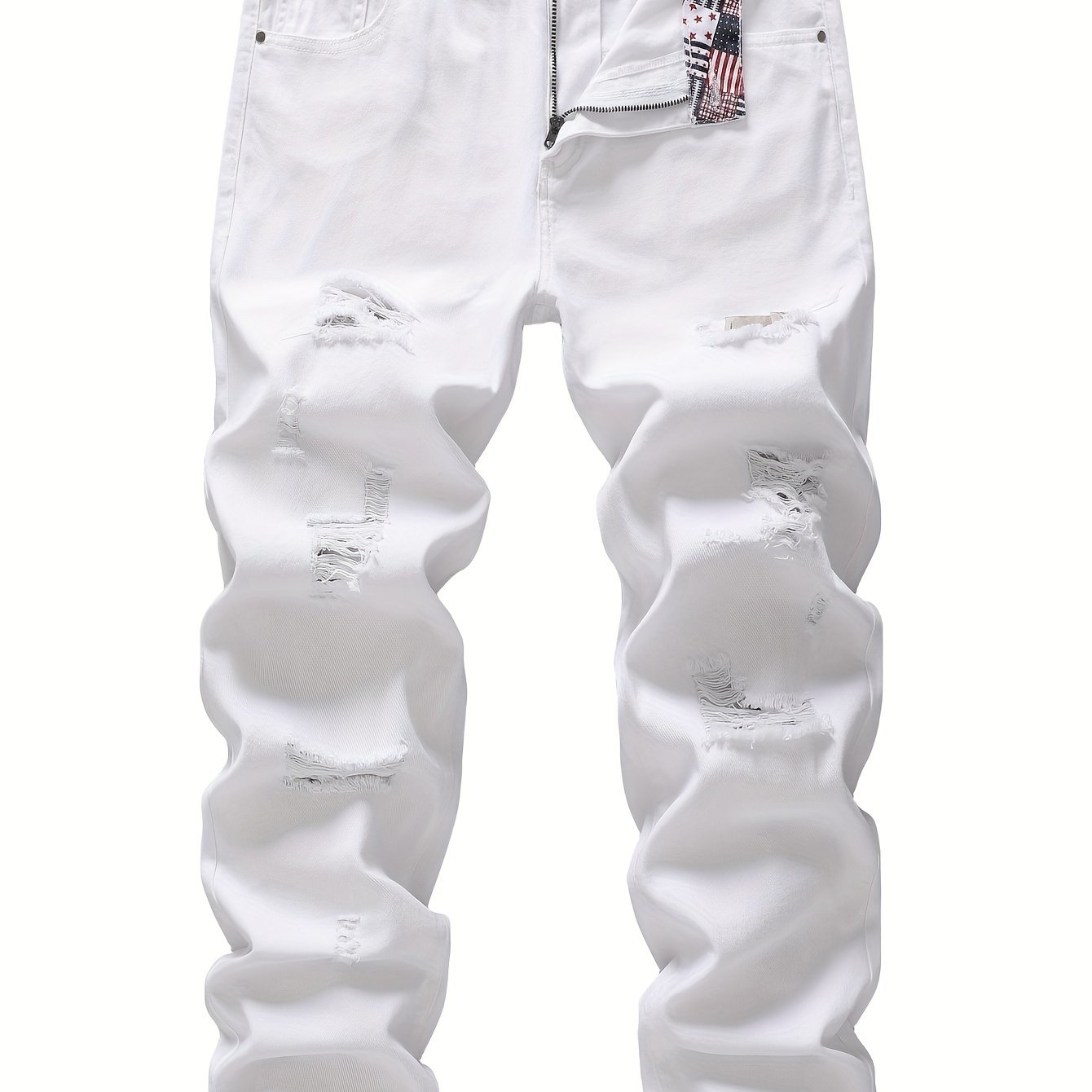 TEMU Men's Non-stretch Ripped Tapered Denim Jeans - Distressed Streetwear Pants With Tapered, Ripped Hem & Flag Suitable For - Wear, Machine Washable