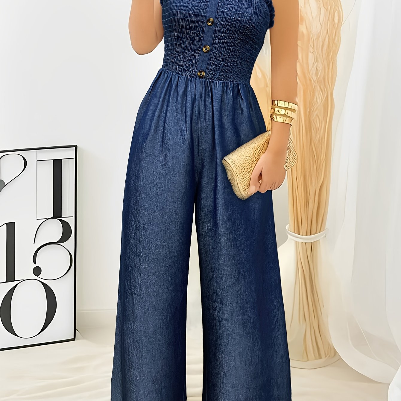 TEMU Solid Color Ruched Trim Button Decor Jumpsuit, Casual Sleeveless Shirred Wide Leg Jumpsuit For , Women's Clothing