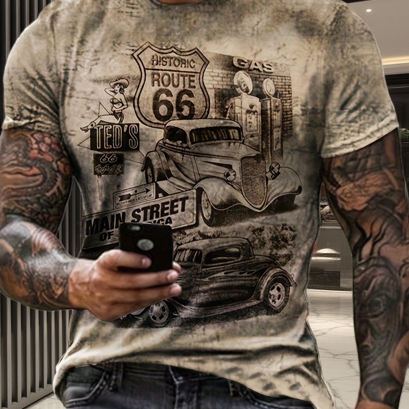 TEMU Print Design â Not Textured '' And Classic Car Pattern Men's Short Sleeve Comfortable T-shirt, Pattern T-shirt Men's Summer Clothing, Men's