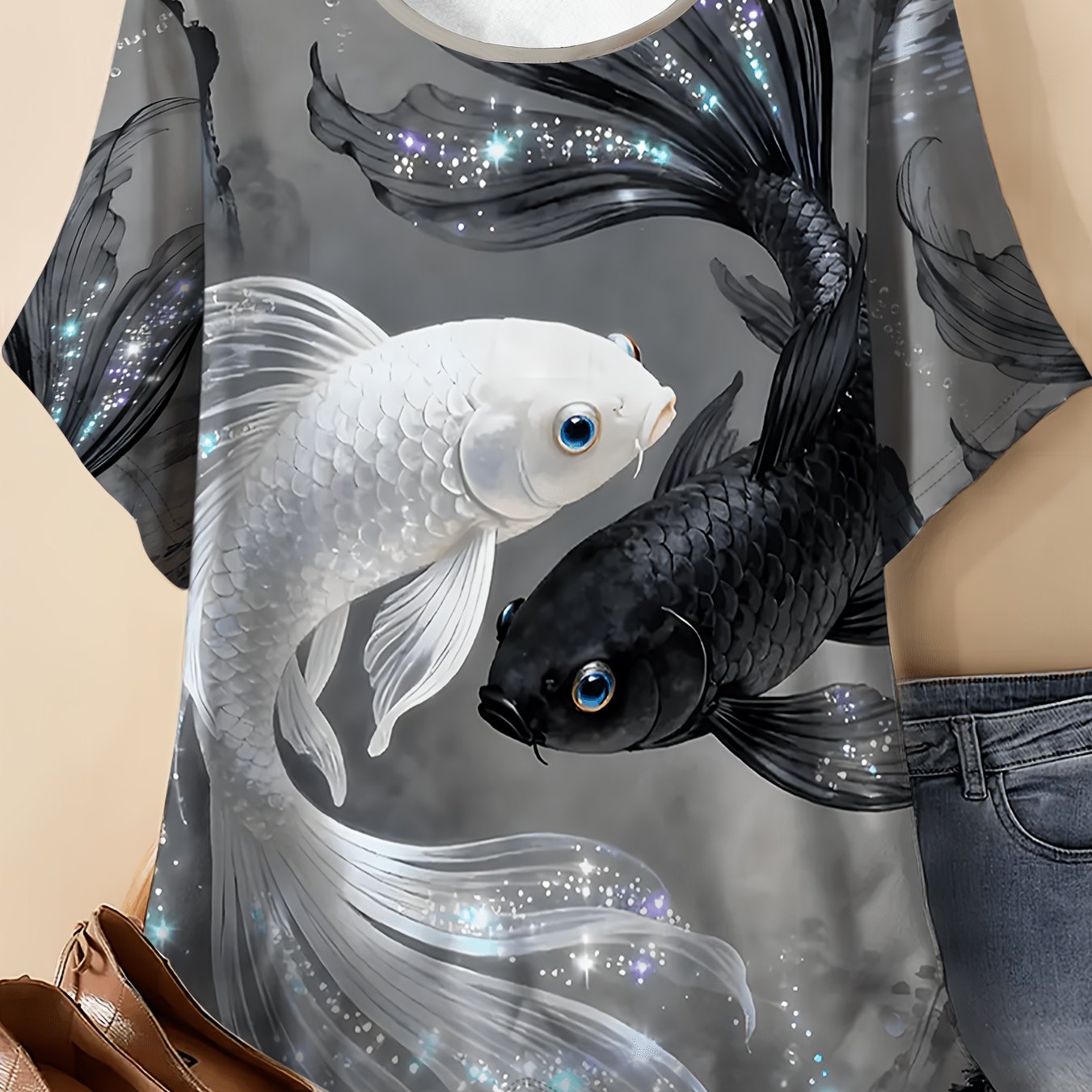 TEMU Women' Plus Size Oversized Koi Fish Print T-shirt - Full-body Black & White Suitable For - Casual Wear, Loose Neck Short Sleeve Style Top
