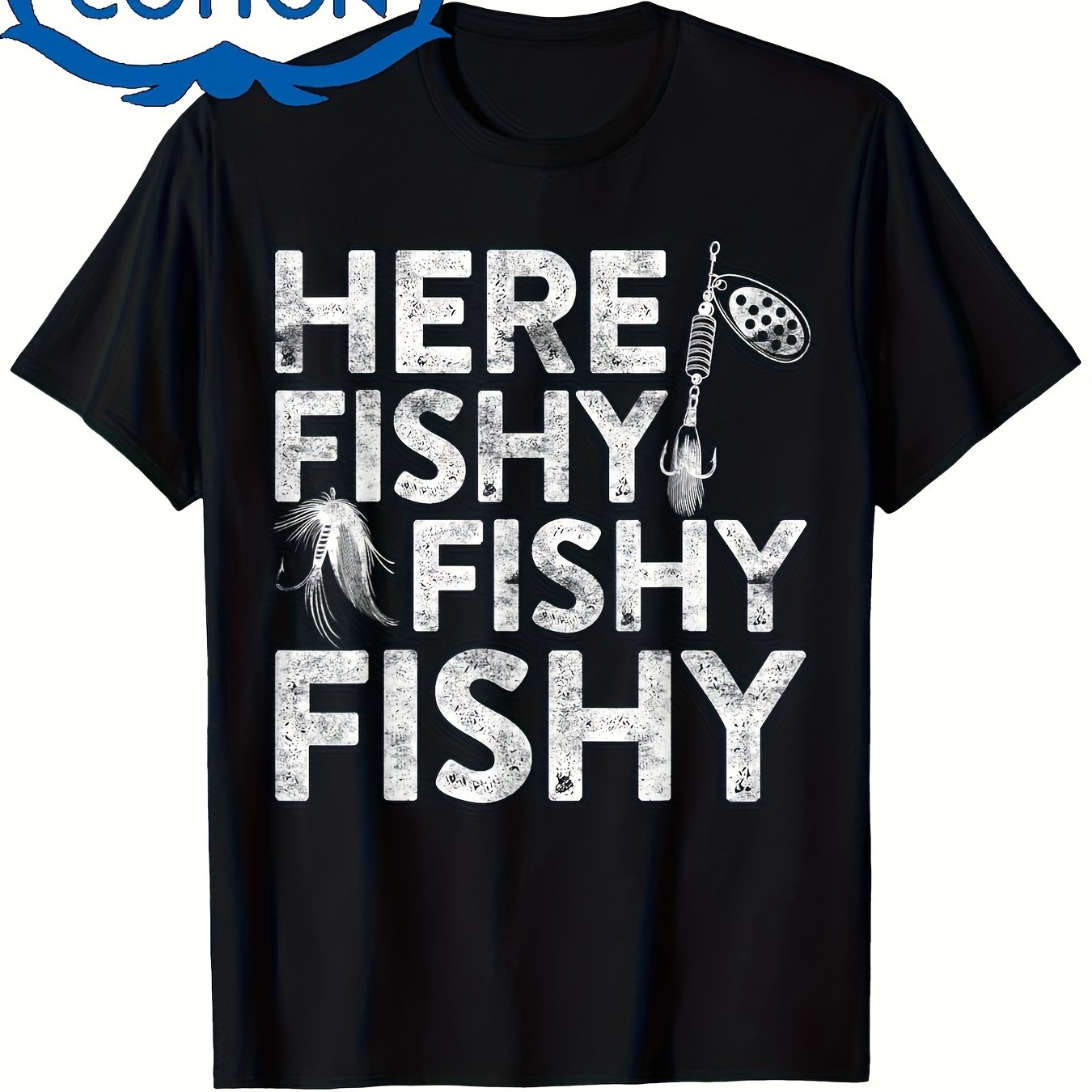 TEMU Men's & Women's Fishing Graphic T-shirt - Here Print With Logo Design, High-stretch Sm Fabric, Casual & Casual Attire For Summer Outdoor Festive