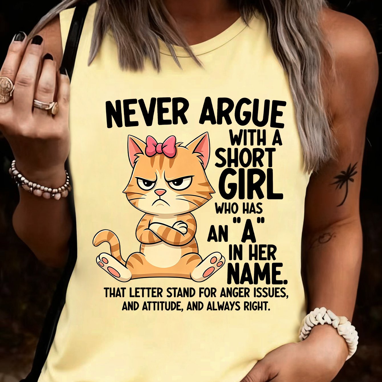 TEMU Women's Funny Sassy Cat Graphic Sleeveless Tank Top, Humorous "never Argue With A Short " Quote Casual Loose Fit Tank Top, Summer Comfortable