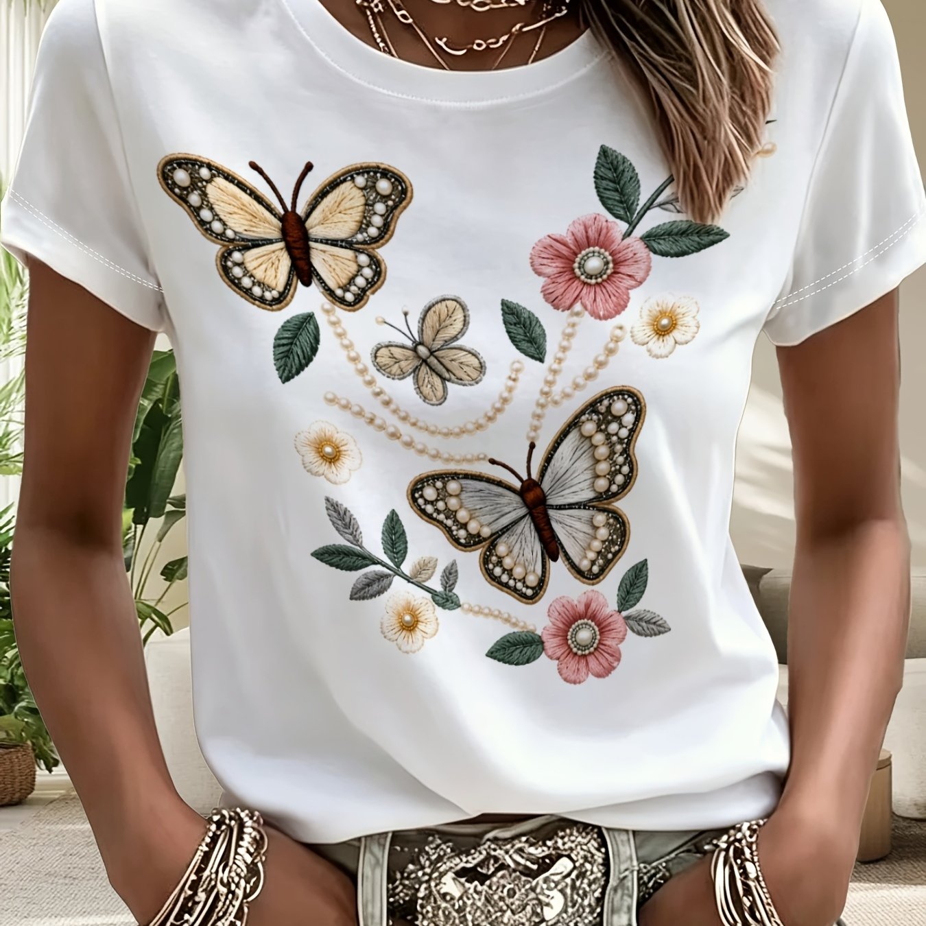 TEMU [printed Design - Not Textured] Printed Floral Print Women's Short Sleeve T-shirt, Casual Loose Round Neck Top, Summer New Women's Clothing