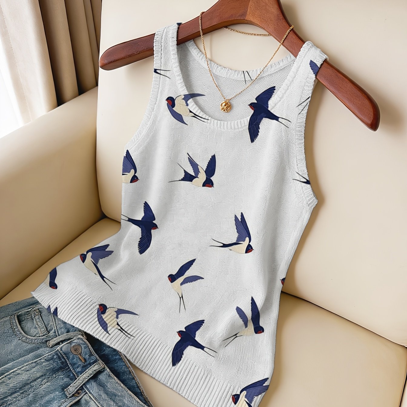 TEMU The "thin Sweater" Features A Sleeveless Vest With A Swallow Print, Blending The Of Spring With The Soft Texture Of Knitwear, Making It A