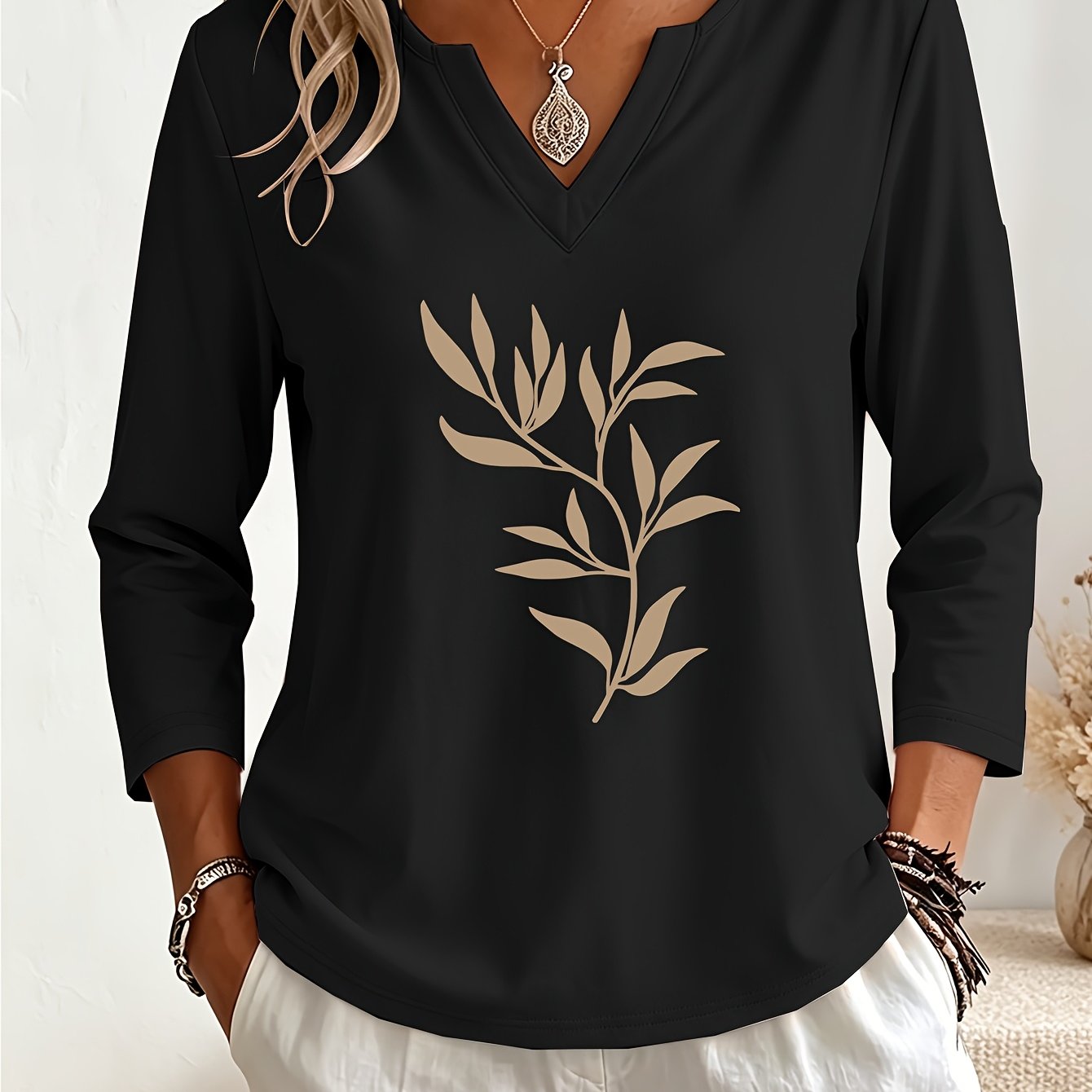 TEMU Easy And Smooth Lines, Khaki Color Branch And Leaf Silhouette Pattern Printed V-neck Three-quarter Sleeve Base Layer Top, Elegant Women's