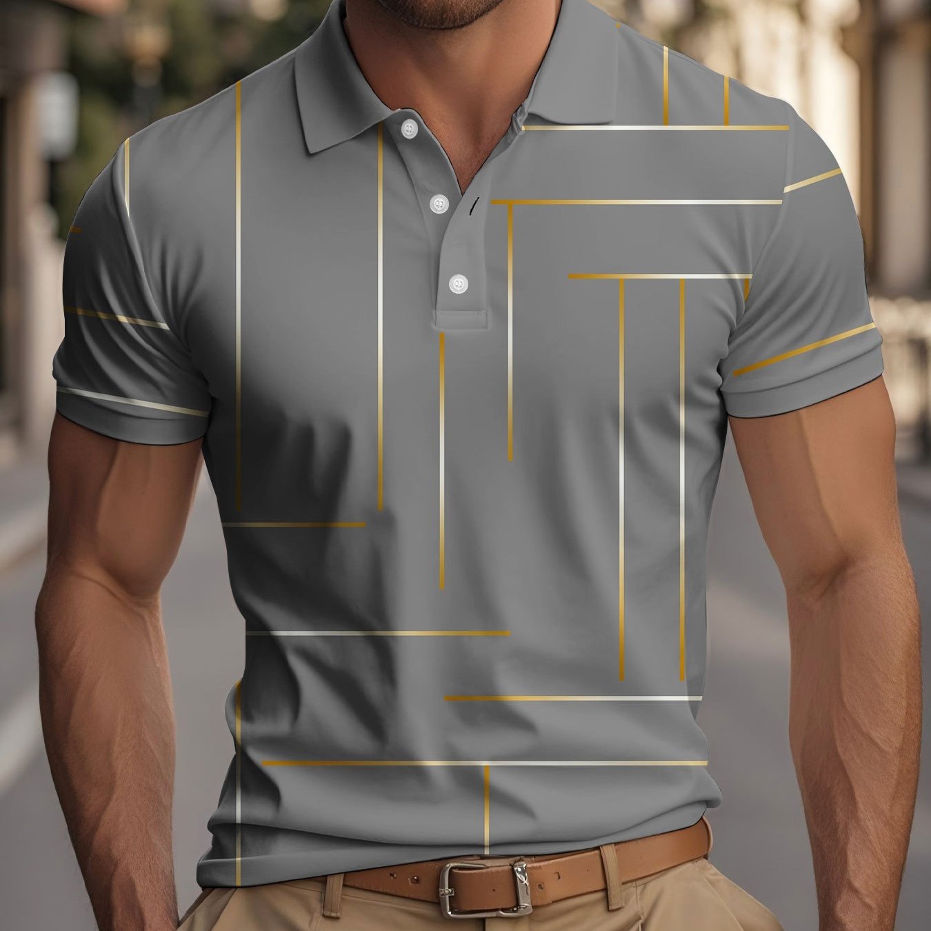 A Trendy And Gray Striped Short-sleeve Shirt For Men, Featuring 3d Printed Stripes, Perfect For Summer Wear, Plus Size