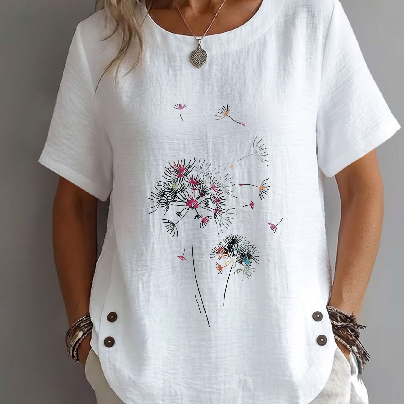 TEMU Spring/summer Women's Top, Abstract Style, Scattered Dandelion Print, Elegant, Mature, Casual, Round Neck, Short Sleeve, Women's Clothing