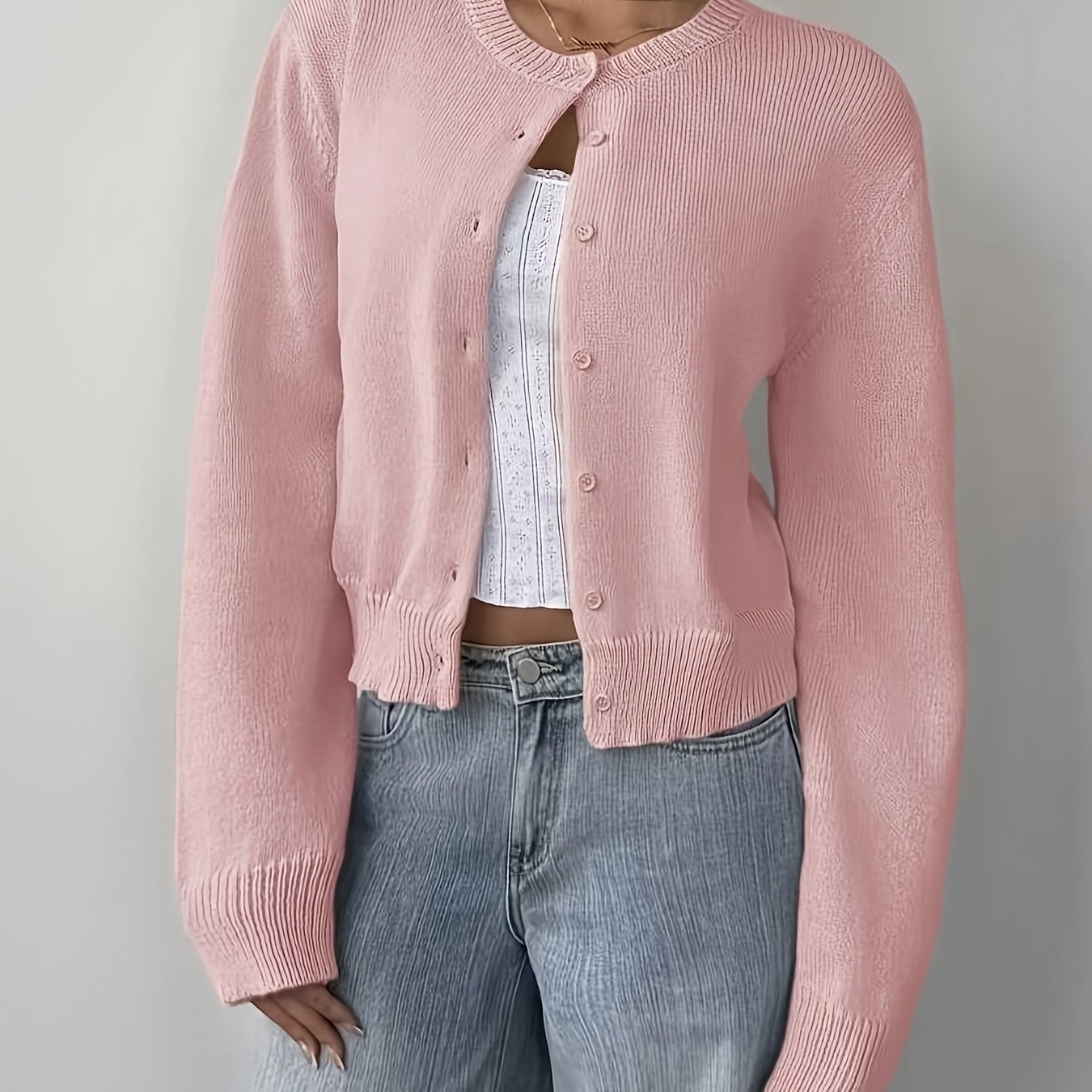 TEMU Cardigan court XXFL Basic pour femme, , couleur unie, col rond, manches longues, coupe ample, haut court décontracté de style campus, doux et