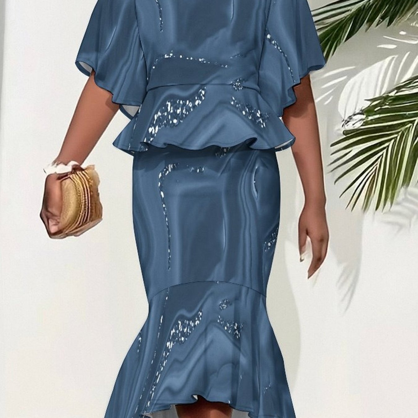 Plus Size, Plus-size Women's Crew Neck Batwing Sleeve Top And Skirt Set, Apparel Suit With Multi-element Printed Patterns, Suitable For Occasions. Exquisitely , Stylish And Elegant, Recommended