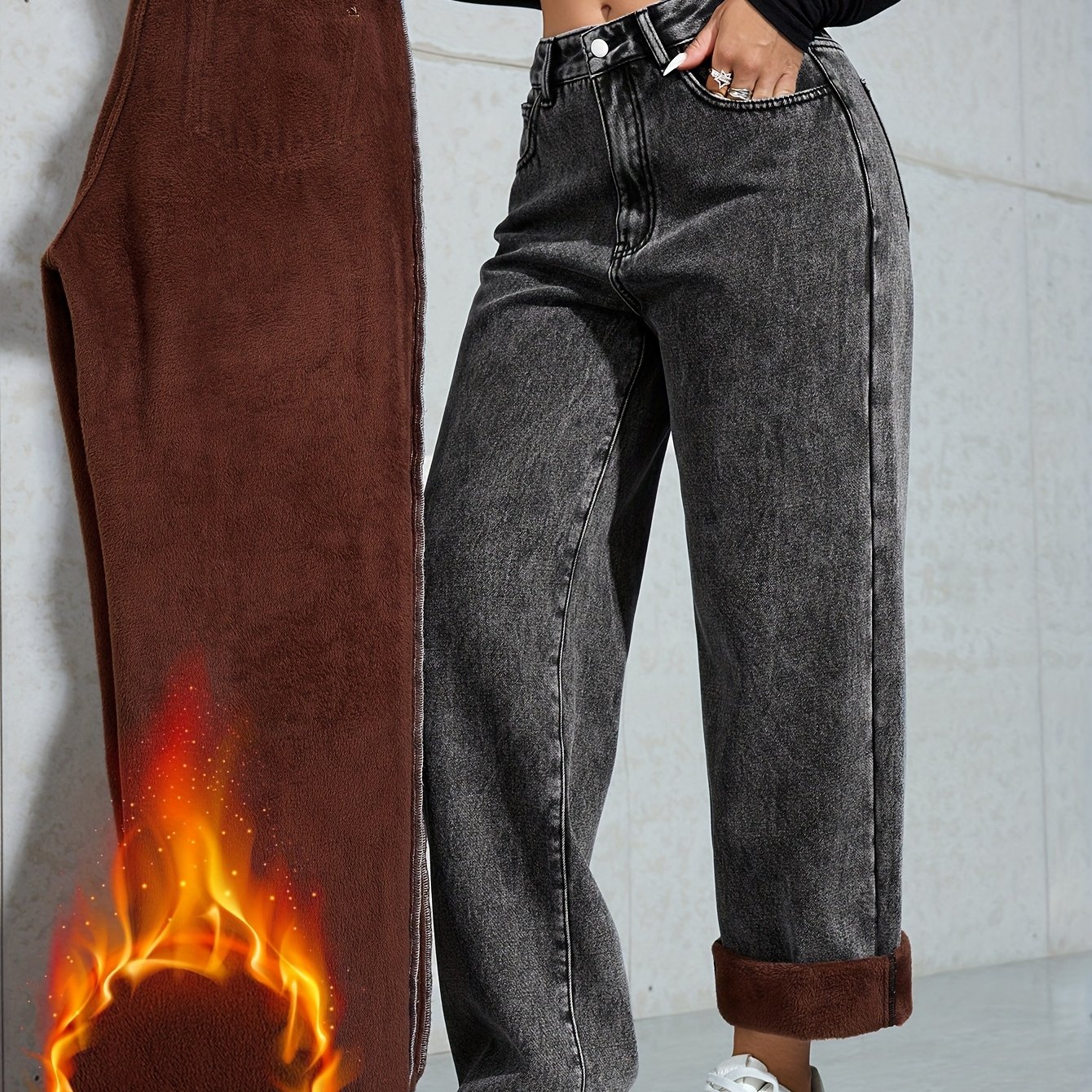 Image of Women's Fleece-lined, Thickened, Autumn And Winter Warm, Fashionable, Versatile, Trendy, Wide-leg, Straight-leg, Multi- Washed Denim Long Pants