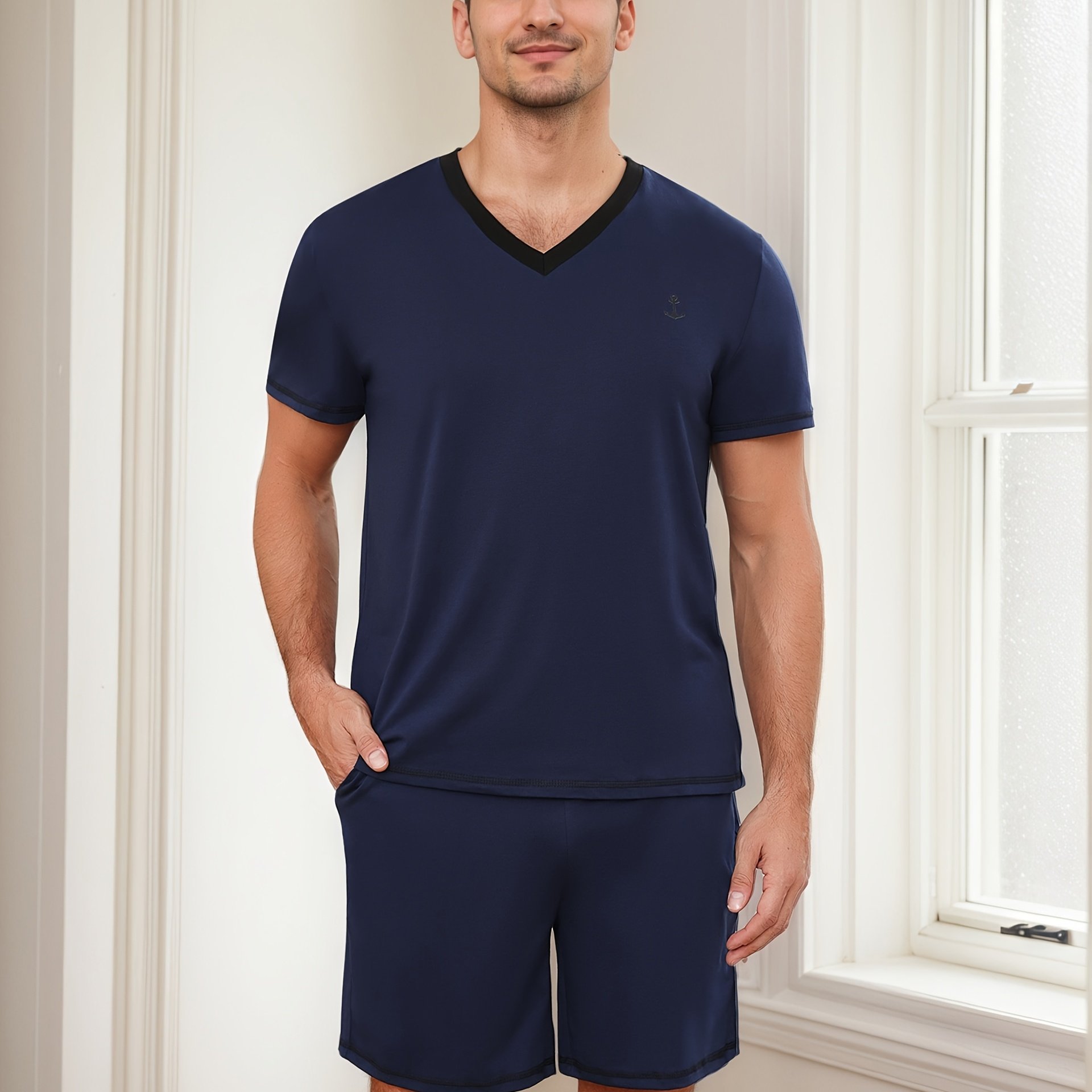 Image of Men's Short Sleeve Set, V-neck Color Block Sleepwear, 2pcs Soft Lounge Outfit, Comfortable Nightwear With Pockets